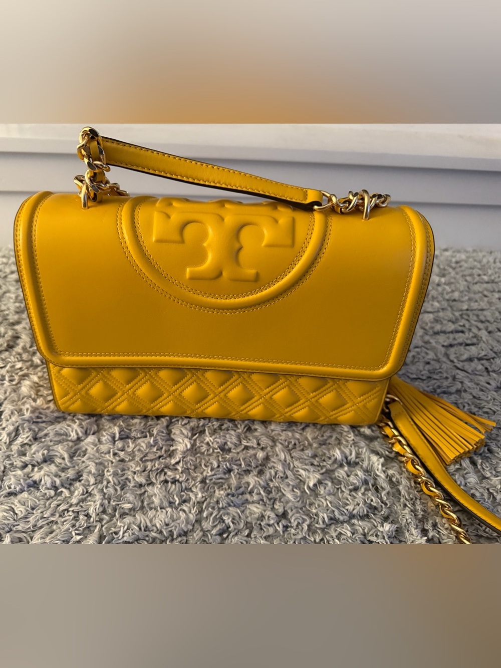 Tory Burch Bright Yellow Quilted Logo Shoulder Bag with Gold Chain